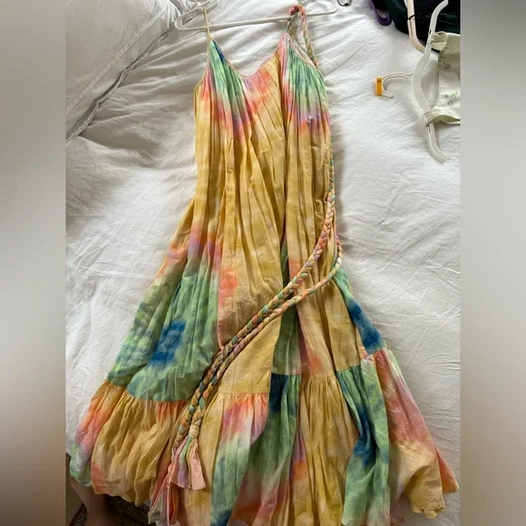 rhode resort tie dye dress RHODE Resort Lena tie dye rainbow fringe wrap robe dress M